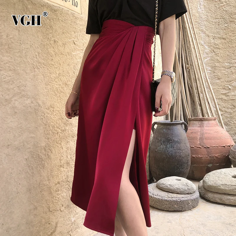 

VGH Ruched Side Split Sexy Wrap Skirt Female High Waist Casual Midi Skirts Women Fashion OL Clothes 2021 Autumn Korean New