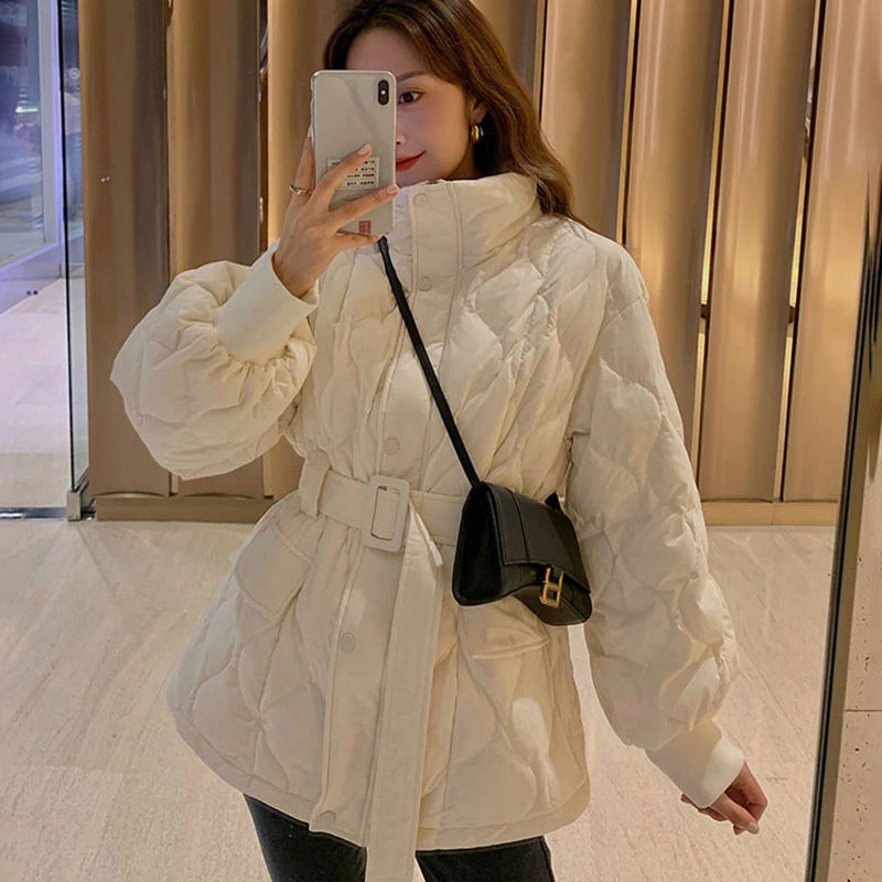 

White Down Coat Women Stand Collar Slim Korean Fashion Jacket Women 2022 Winter Elegant Thicken Warm Outwear Female CX2532