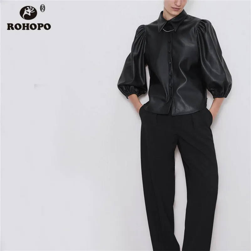 ROHOPO/черная блуза из искусственной кожи с длинными рукавами и отложным воротником