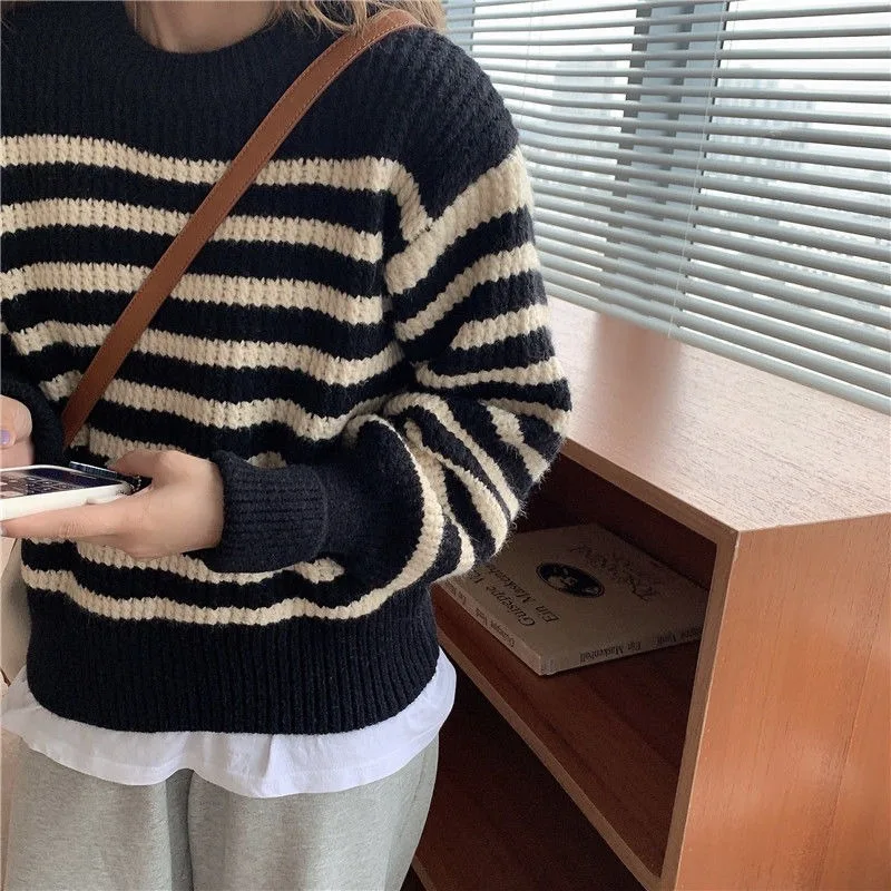 

NEW Striped Pullovers Women Simple Basic Japanese Style Chic Trendy Popular All-match Preppy Teenager Spring Autumn Students Swe