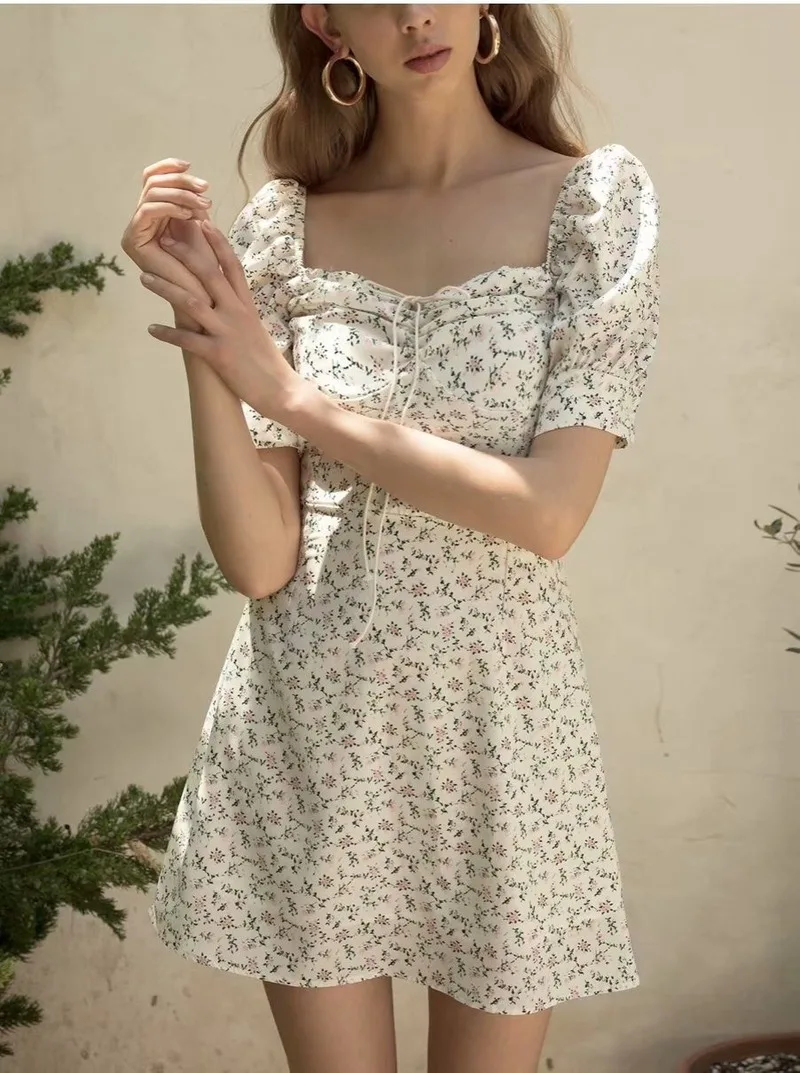 

Summer Beach Elegant Square Collar White Women Dress Floral Vintage Party Dress Sexy Dress Mini Puff Sleeve Vestidos Female Fall