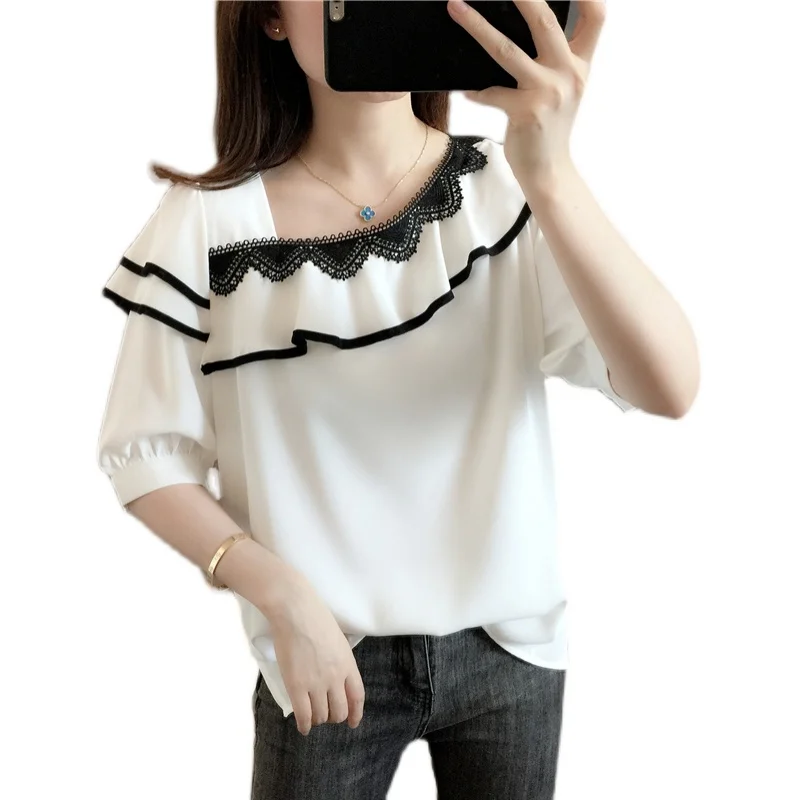 

2021 Top Fashion 20609 (2 Rooms, 4 Rows, No. Middle) Real Shooting Lace Color Matching Short Sleeve Knitted T-shirt 44