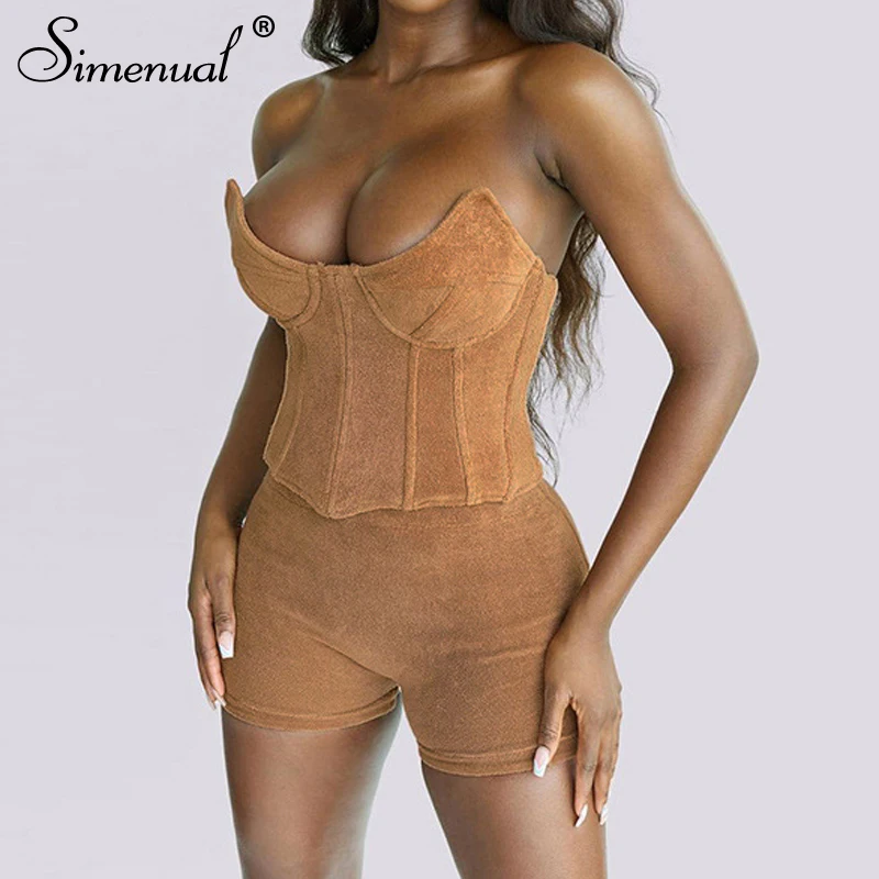 

Simenual Faux Suede Corset And Shorts Two Piece Outfit Women Sets Strapless Fashion Bodycon Pure Color Low Cut Co-ord Set Casual