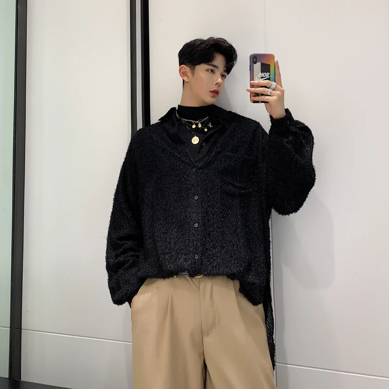 

Male Streetwear Hip Hop Vintage Party Dress Shirt Men See Through Long Sleeve Loose Tassel Casual Shirt Oversize Stage Costumes