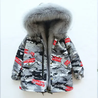 Camo Red Grey Пальто с мехом для девочек; куртка с искусственным лисьим мехом; зимняя детская одежда; камуфляжная верхняя одежда для мальчиков и девочек; детское меховое пальто; TZ155 - Цвет: Camo Red Grey