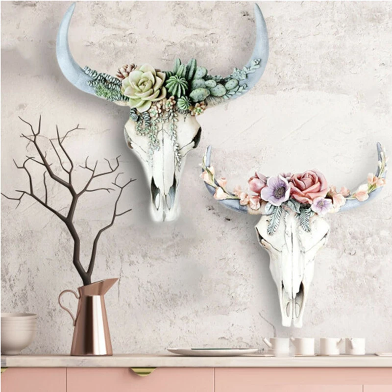 

Succulent/Flower Cow Skull Wall Decor Nursery Decor Resin Ornament with Hanging Hole BJStore