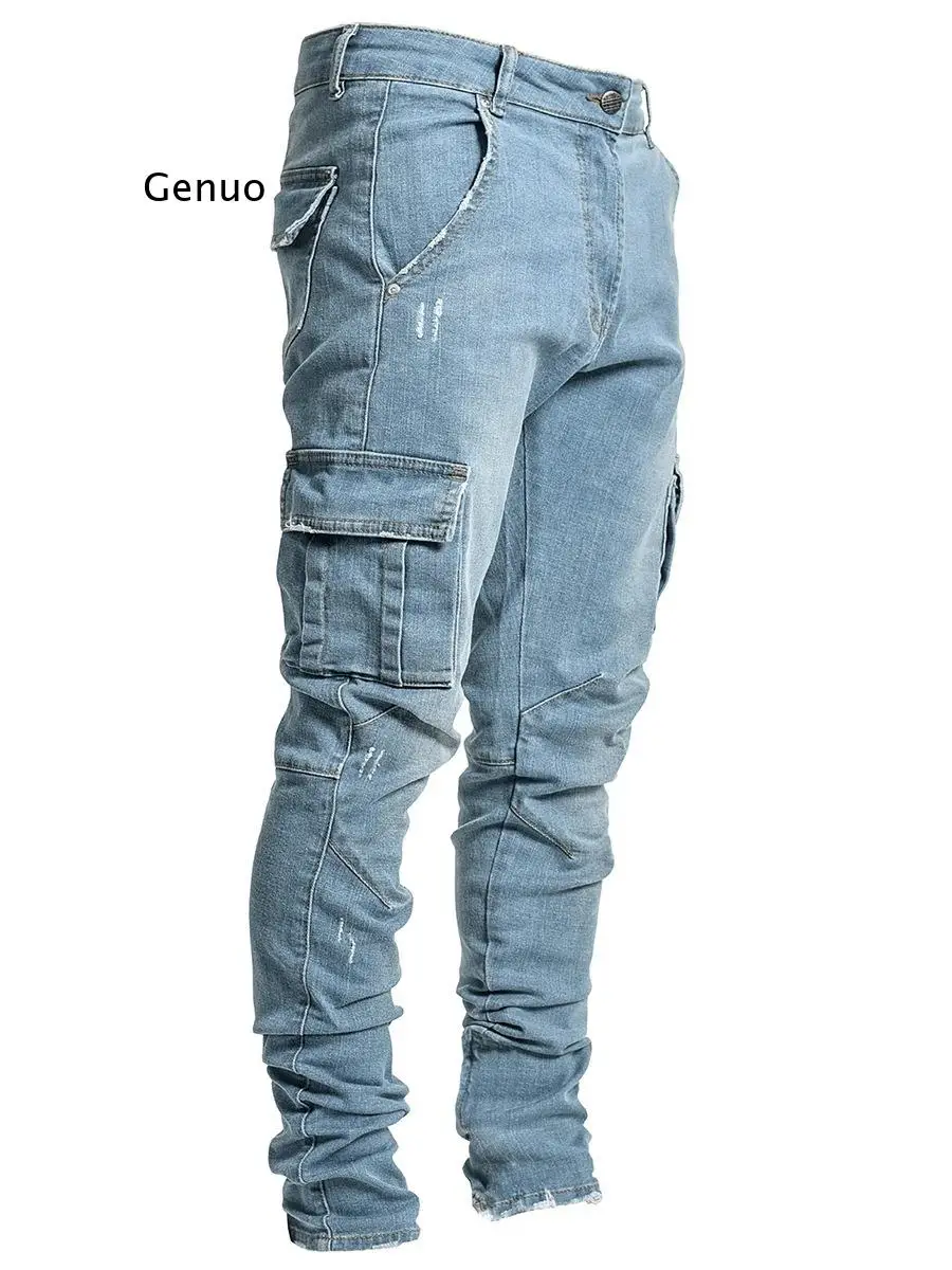 Jeans Men Pants Casual Cotton Denim Trousers Multi Pocket Cargo Jeans Men New Fashion Denim Pencil Pants Side Pockets Cargo