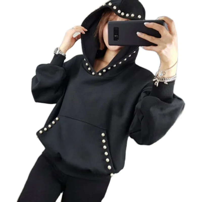 

Pullover Hooded Sweatshirt Women Black Hoodie Autumn Winter Korean Elegant Beading BOffice Ladies Casual Long Sleeve Tops Black