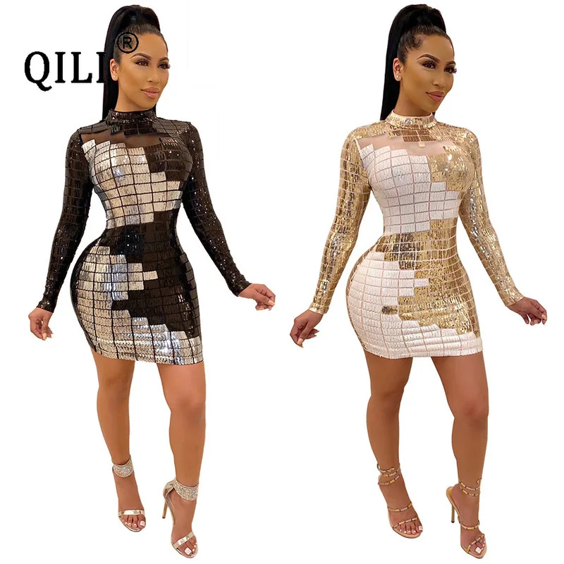 QILI осеннее Новое Женское платье с блестками элегантное женское