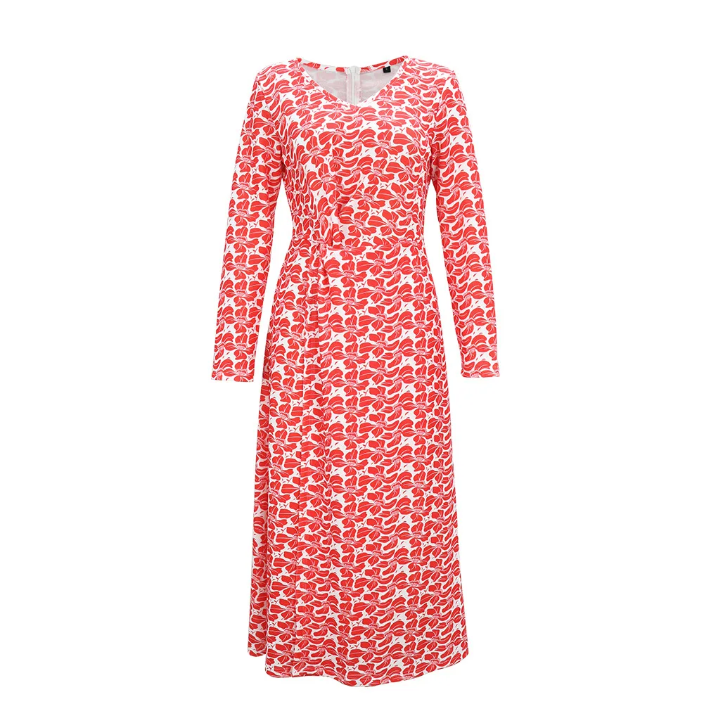 

Spring Autumn 2020 New Dress Elegant Slim Fit V-neck Print Waist Slit Long Sleeve Dress