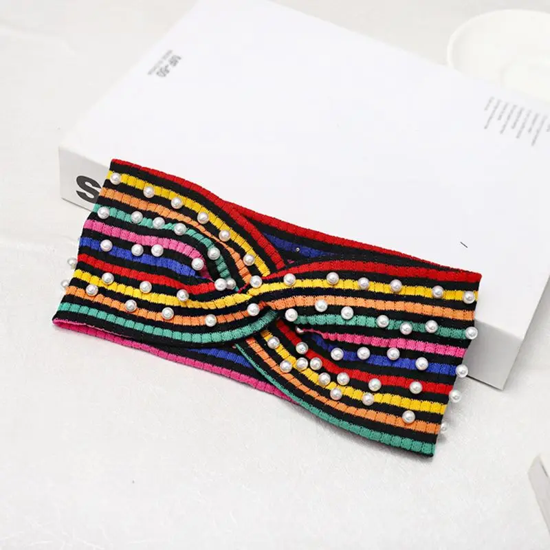 Studded Fashion Sports Hair Band Knitted Rainbow Stripes Elastic Headband Inlaid Artificial Pearl Sweet Girls Women Headwear | Украшения и