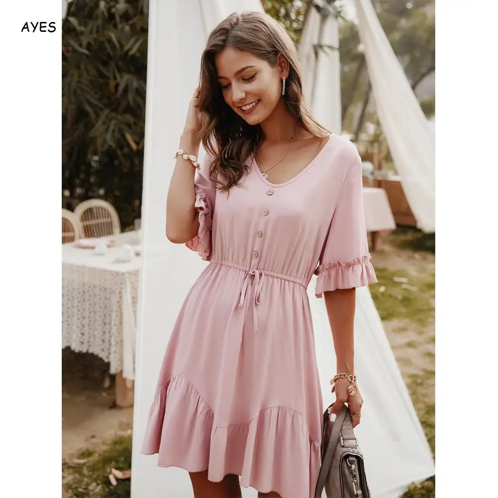 Yellow Sexy Mini Dress Women 2020 Button Drawstring Casual V Neck Ruffles Holiday Party Beach Sundress Retro Vestidos | Женская одежда