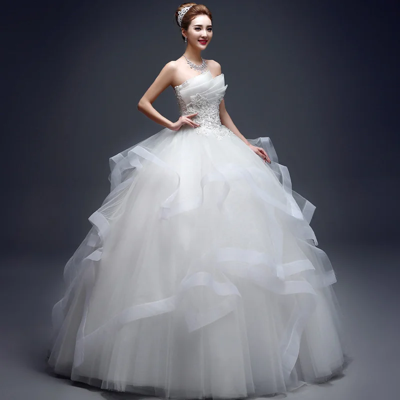 

Luxury Wedding Dress Elegant Multi-layer Lotus Leaf Yarn O-neck Beading Wedding Gowns Crystal Lace Up White Vestido De Noiva