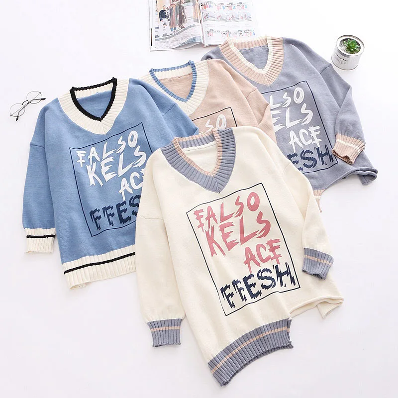 Sweaters Woman Pullovers Fashion 2020 Spring V-neck Sweater Long Sleeve Korean Lazy Style Letter Women New Fluffy Tricot Girl | Женская
