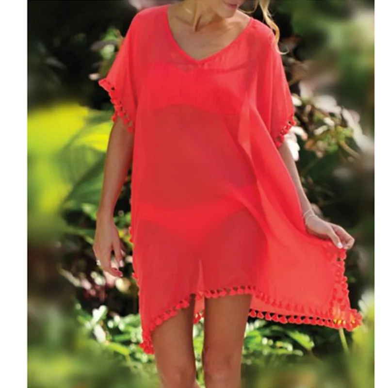 

New Chiffon Tassels Beach Wear Women Swimsuit Cover Up Swimwear Bathing Suits Summer Mini Dress Loose Solid Pareo Cover Ups