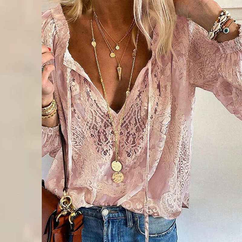 

Women Solid Lace Blouses Top Summer Elegant Long Sleeve Ladies Shirts Top Spring Deep V Drawstring Casual Female Loose Blouse
