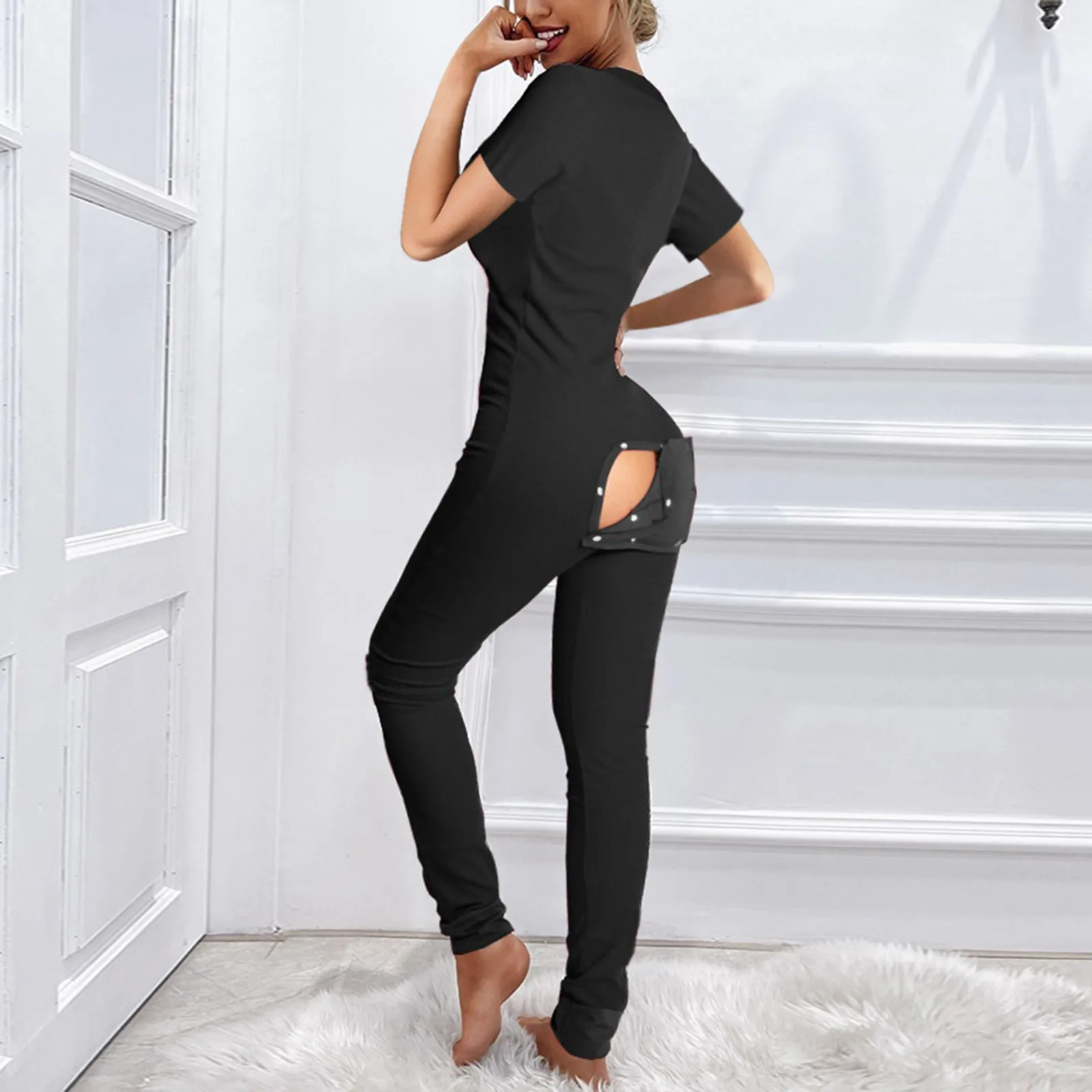 

Sexy Solid Jumpsuits Women's Color Button V-neck Slim Short Sleeve Jumpsuit With Concealed On The Back Bodysuits Rompers mujer