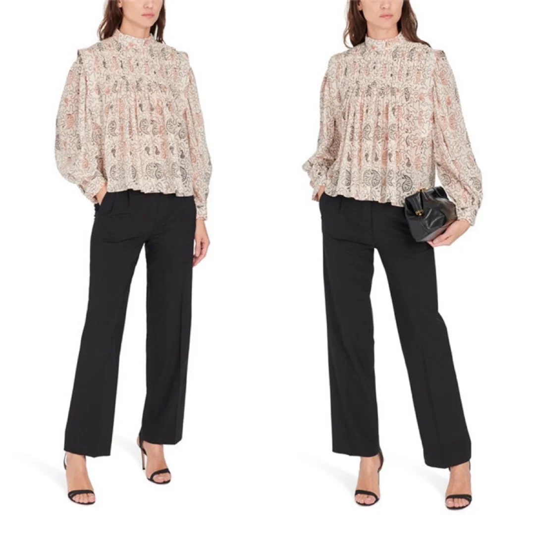 

Vintage Floral Print Women Pleated Blouse 2021 Early Autumn Ladies Long Lantern Sleeve Shirt and Tops
