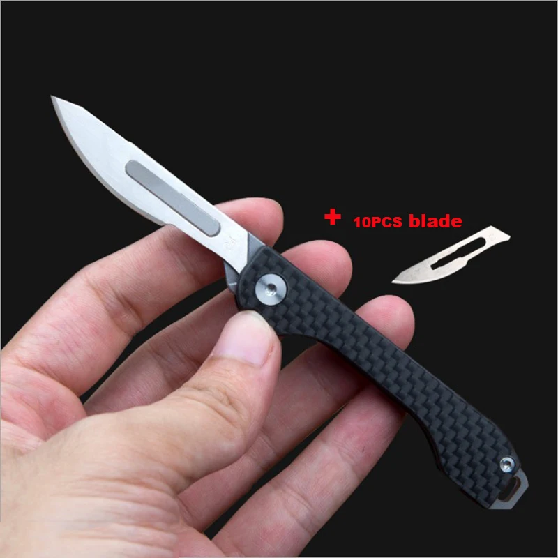 Cuchillo de fibra de carbono con caja abierta, Mini cuchillo para tallar con cuerda de corte, multifunción, plegable, para uso al aire libre