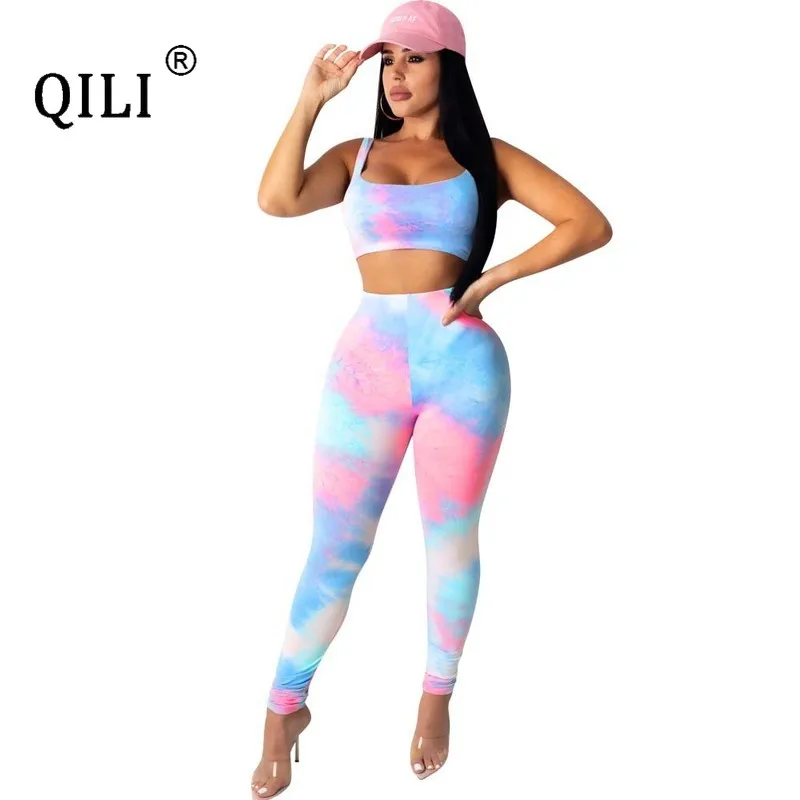 

QILI Colorful Print Two Piece Jumpsuits Women Outfits Crop Top + Pants 2 Piece Matching Sets Sleeveless Tie Dye Outfits Summer