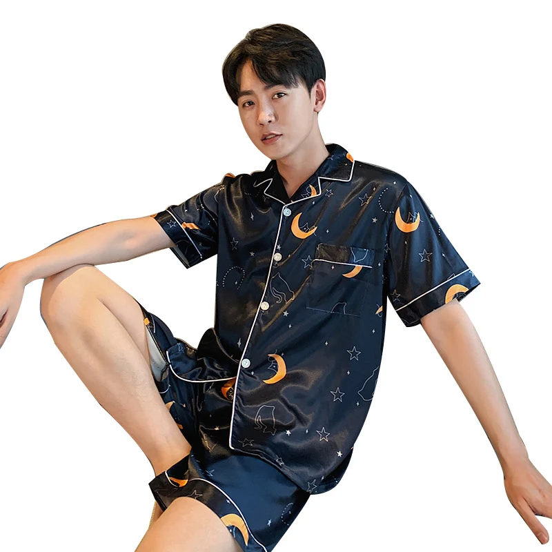 

Men's Sets Plus Size 5XL Summer Thin Stain Ice Silk PJs Sleepwear Short Sleeve Nightgown Fashion Striped Home Clothes 2Piece Set