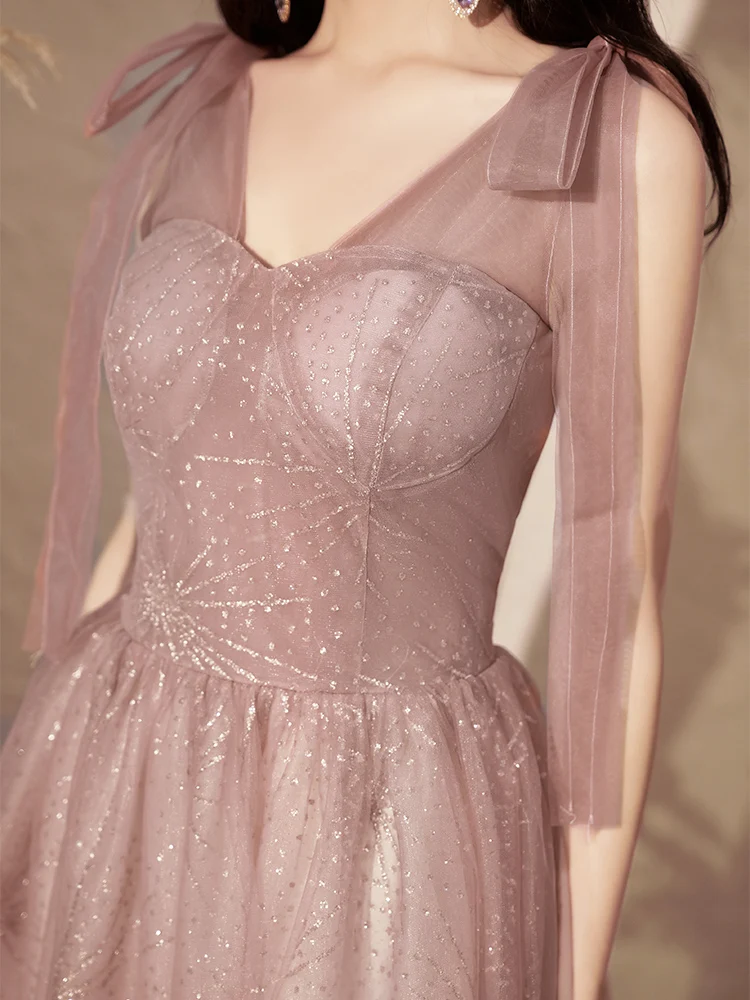 

Sweet Pink Strapless Sleeveless A Line Evvening Dress Pretty Bowknot Shoulder Collar Slim Prom Party Gown Female Party Gown