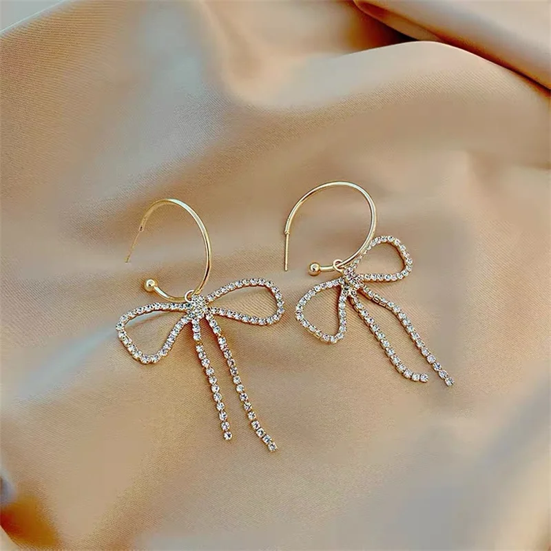 Крупные висячие серьги с кристаллами и бантом модные элегантные роскошные