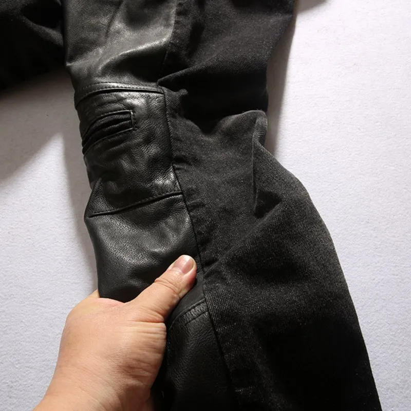 

Fashion Punk Trousers Mens Biker Denim Patchwork Cowhide Genuine Leather Pants 2021 New Autumn Men Straight Cargo Leisure Pants