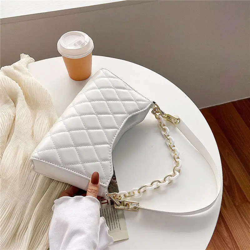 

Стеганые однотонные сумки через плечо из искусственной кожи с жемчужной цепочкой для женщин 2021, модная маленькая сумка на плечо, женские су...