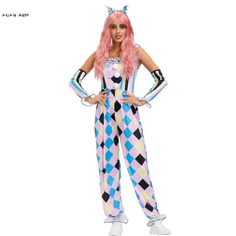 Adult Women Circus clown Jumpsuits Cosplay Female Halloween Droll Joker Costumes Carnival Purim Stage show Role play party dress