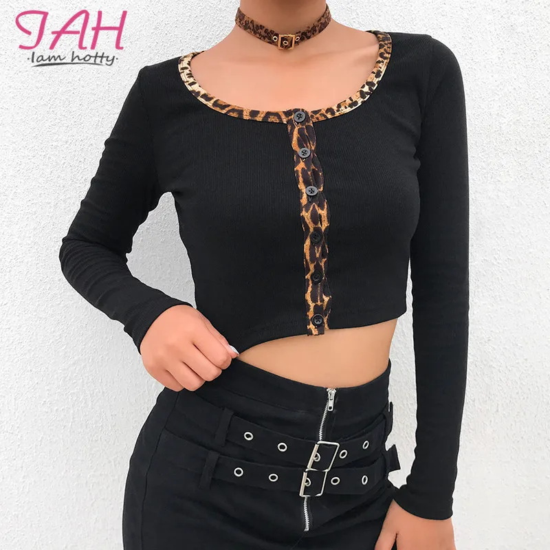 Iamhotty Женская футболка Топы Leopared квадратный воротник с длинными рукавами базовая