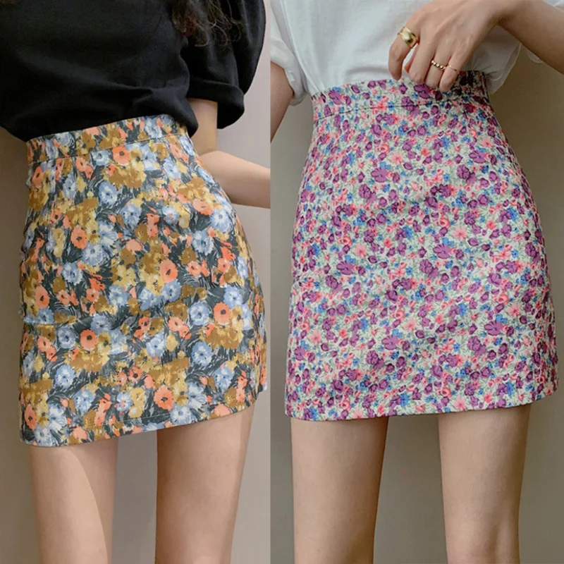 

Woman Skirts Vintage Oil Painting High Waist Pack Hip Daisy Short Skirt Faldas Mujer Moda 2020