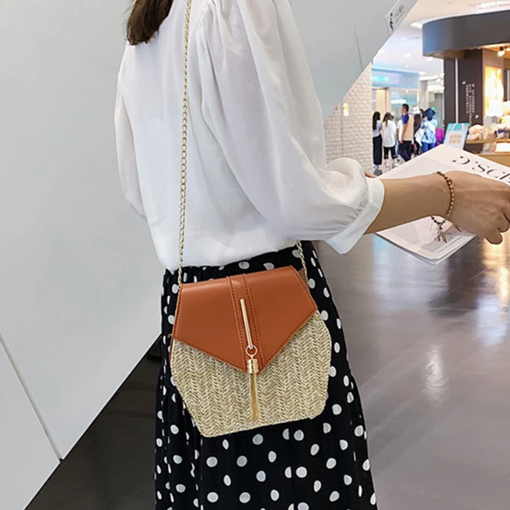 Женская соломенная сумка в стиле шестиугольник + Кожаная летняя из ротанга