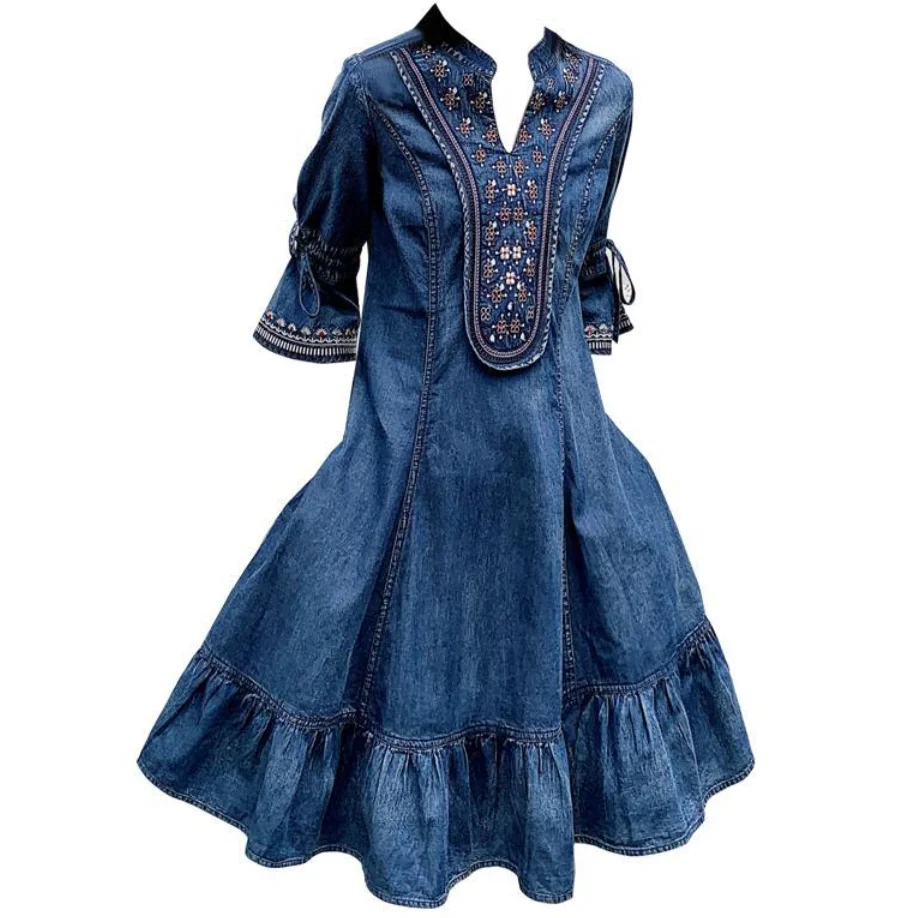 

Женское джинсовое платье с коротким рукавом, винтажное ТРАПЕЦИЕВИДНОЕ ПЛАТЬЕ С V-образным вырезом и цветочной вышивкой, Новинка лета