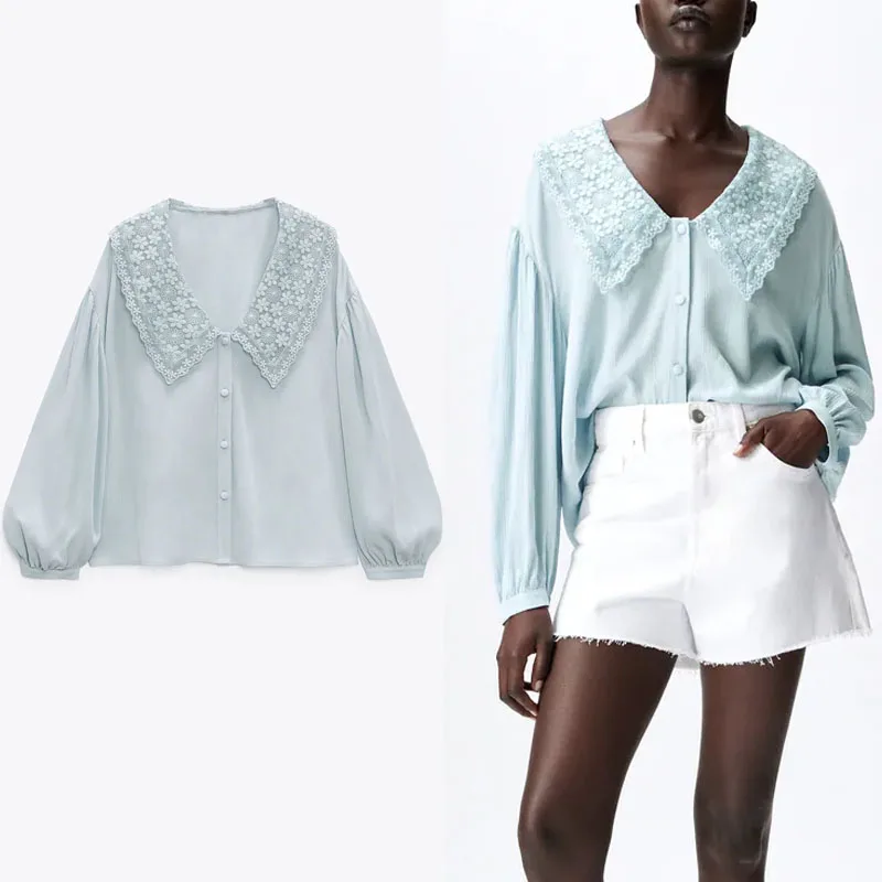 

Женская блузка с вышивкой Za, голубая винтажная Свободная рубашка с длинными рукавами-фонариками, отложным воротником и пуговицами, лето 2021