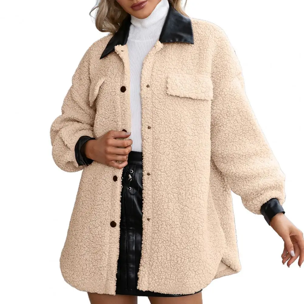 

Women Coat Solid Color Plush Autumn Winter Lapel Single Breasted Warm Overcoat Solid Color Single Breasted Plush Jacket Women