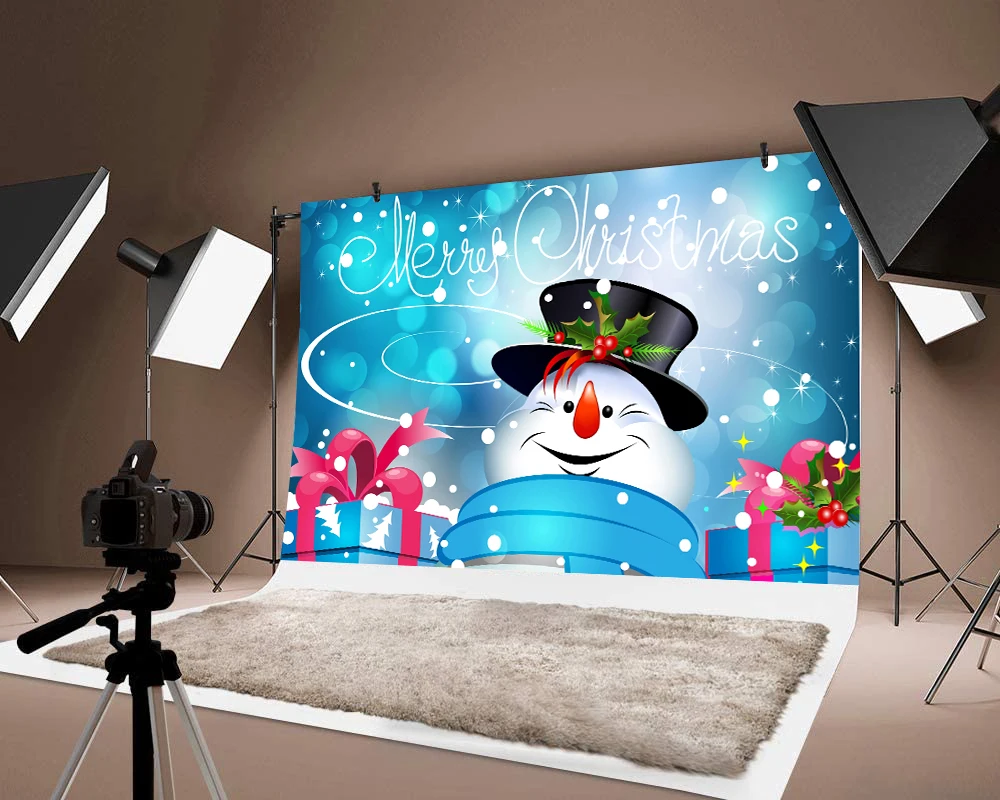 

Merry Christmas Snowman Background Photograph Thin Vinyl Festival Party Decor Blue Backdrop Photo Decorations