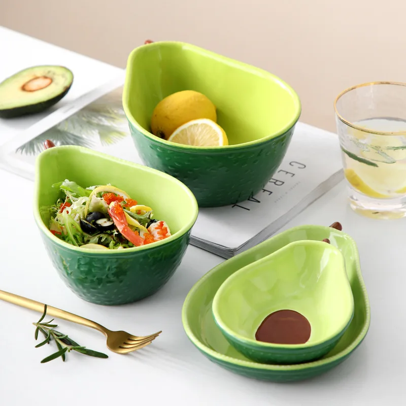 Ins Cute Teenage Creative Avocado Ceramic Household Fruit Salad Bowl Plate Dim Sum Dish Dessert Bowl Snack Dish