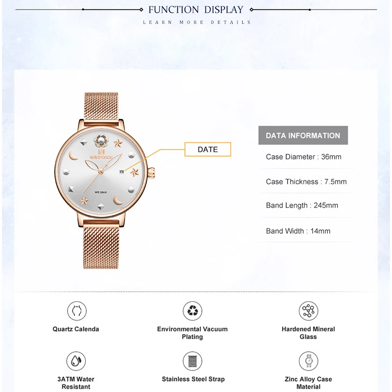 

Luxury Brand NAVIFORCE Fashion Women Watch Elegant Creative Rose Gold Ladies Quartz Wristwatch Waterproof Mesh Steel Band Clock