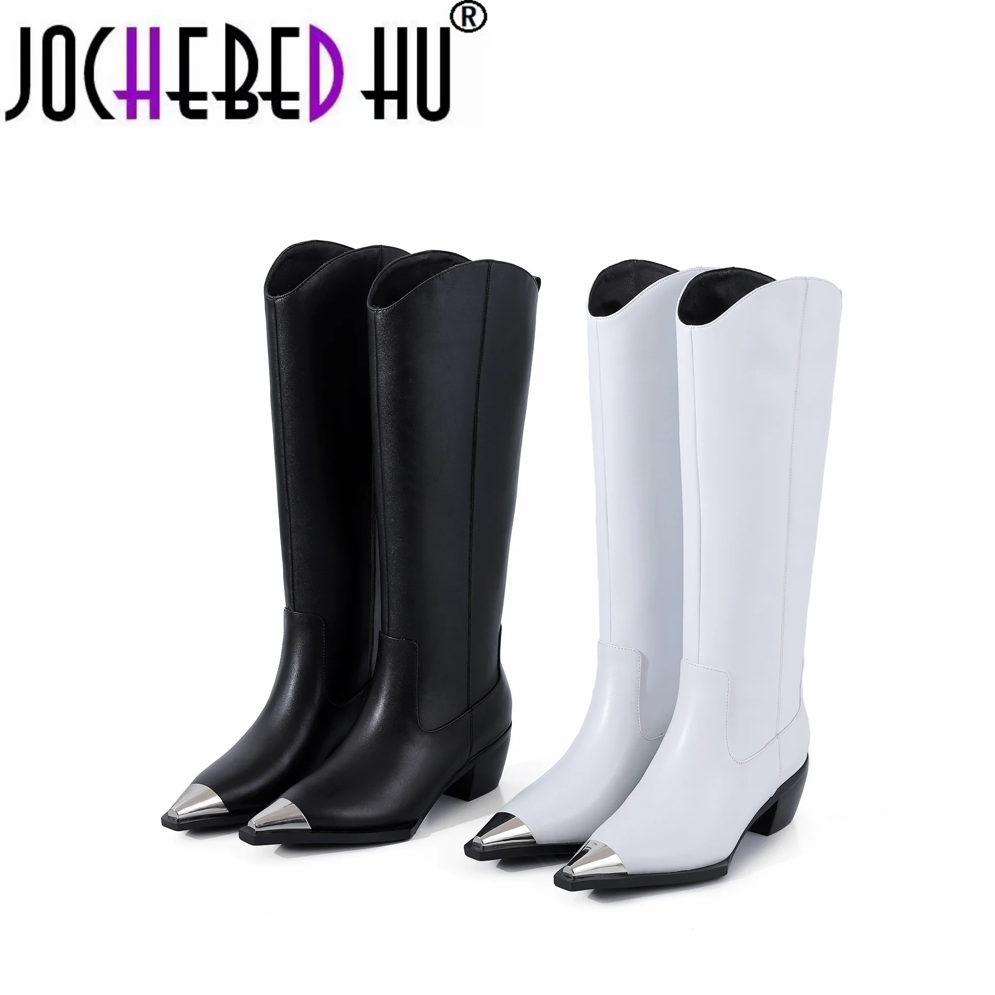 

【JOCHEBED HU】2021 New Women Knee High Boots Metal Pointed Toe Punk Style Riding Boots Female Genuine Leather Long 33-41