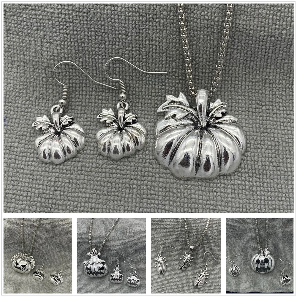 Vintage Halloween Necklace Earrings Set Carved Pumpkin Skull Ghost Fly Bat Charm Pendant Hook Cosplay Jewelry | Украшения и