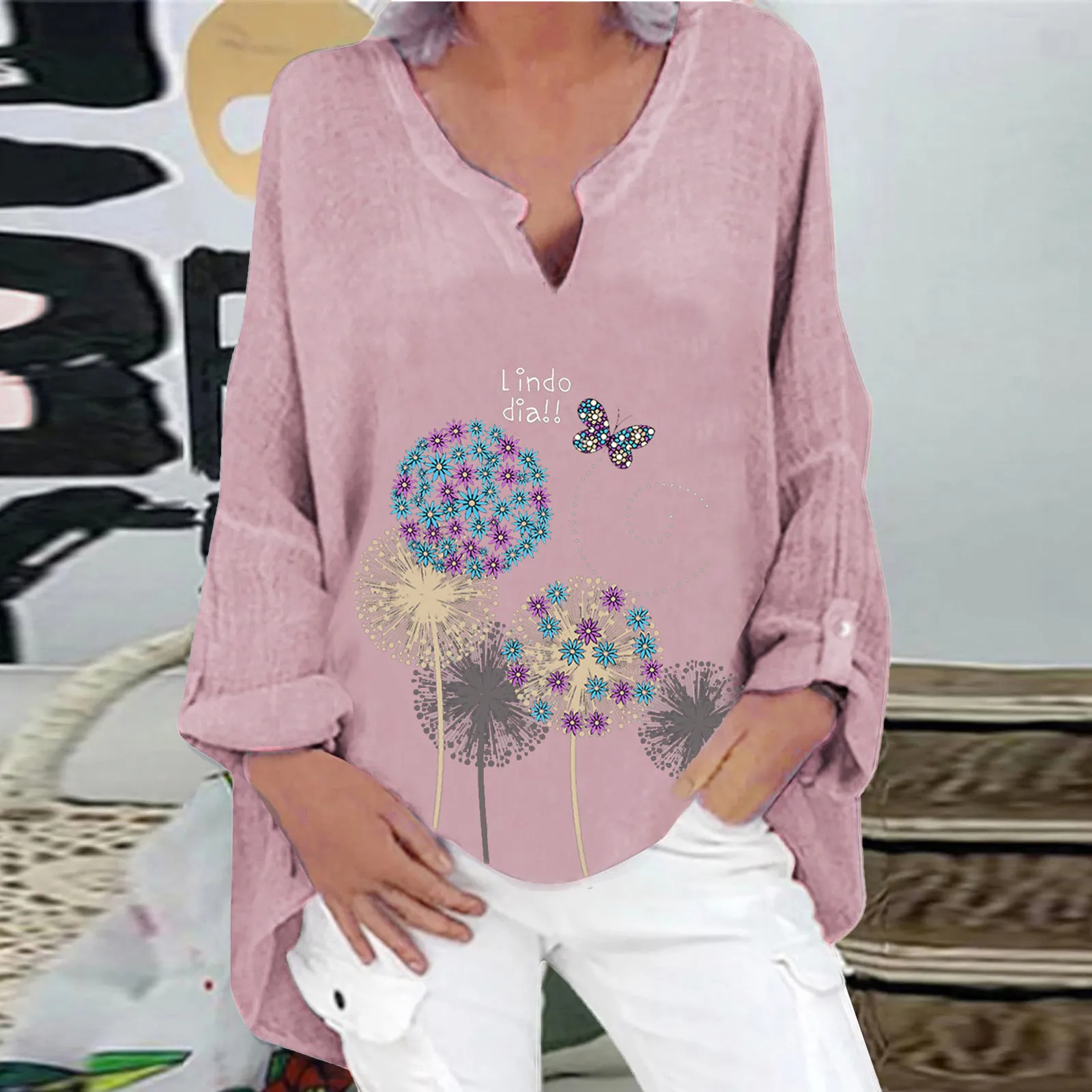 

Women's T-Shirts Loose V Neck Long Sleeve Pullover Tops Plus Size Fashion Dandelion Butterfly Print T-shirts Oversize Clothing