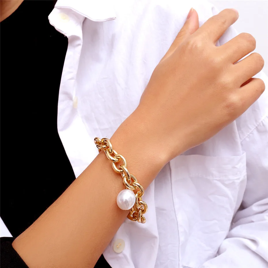 Ingemark Bohemian Imitation Pearl Pendant Bracelet Bangle Women Wedding Accessories Punk Heavy Thick Chain Bracelet Steampunk