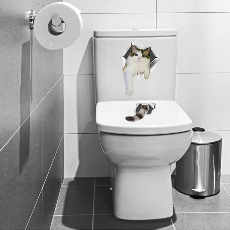 Cute Kittens Wall Sticker 3D Bathroom Cabinet Decorations Home Art Decals Waterproof Cat Toilet Stickers Wallpaper