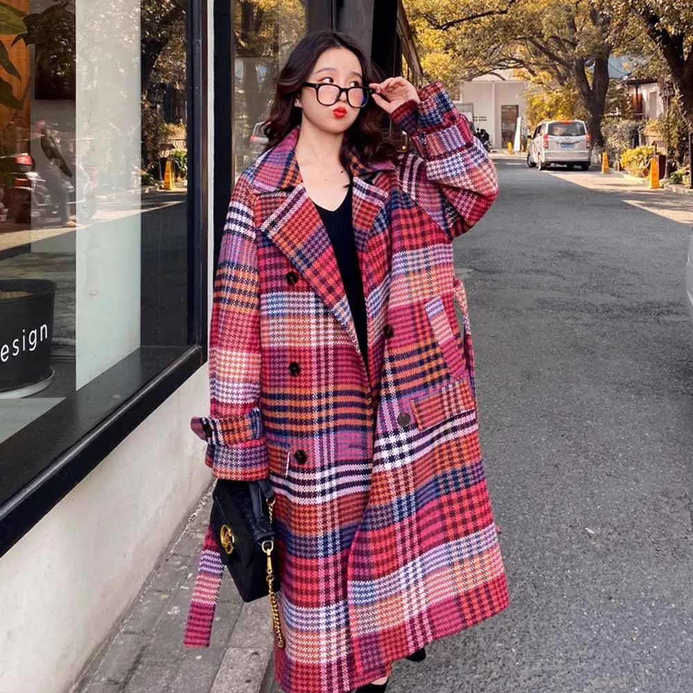 

Women Jacket Winter Autumn Lapel Plaid Coat Plus Size Loose Jackets Warm Trench Long Coat Casual Overcoat Women Blend Coat 2021
