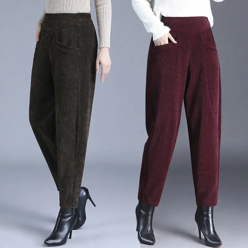 

Women h Thick Casual Pants Autumn and Winter Women's Corduroy Loose Harem Pant Female Solid Elastic High Waist Trousers C404