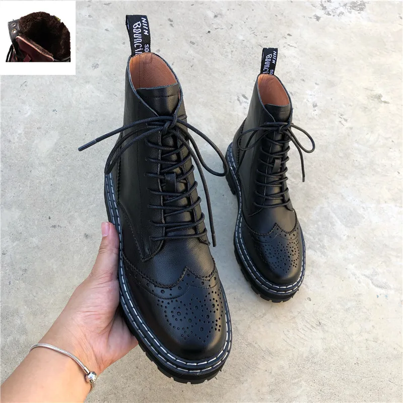 black Plush lining Buonoscarpe/Новинка года; Лидер продаж; сезон осень-зима; ботинки в байкерском стиле из натуральной кожи; ботильоны на не сужающемся книзу массивном каблуке; женские Ботинки martin - Цвет: black Plush lining