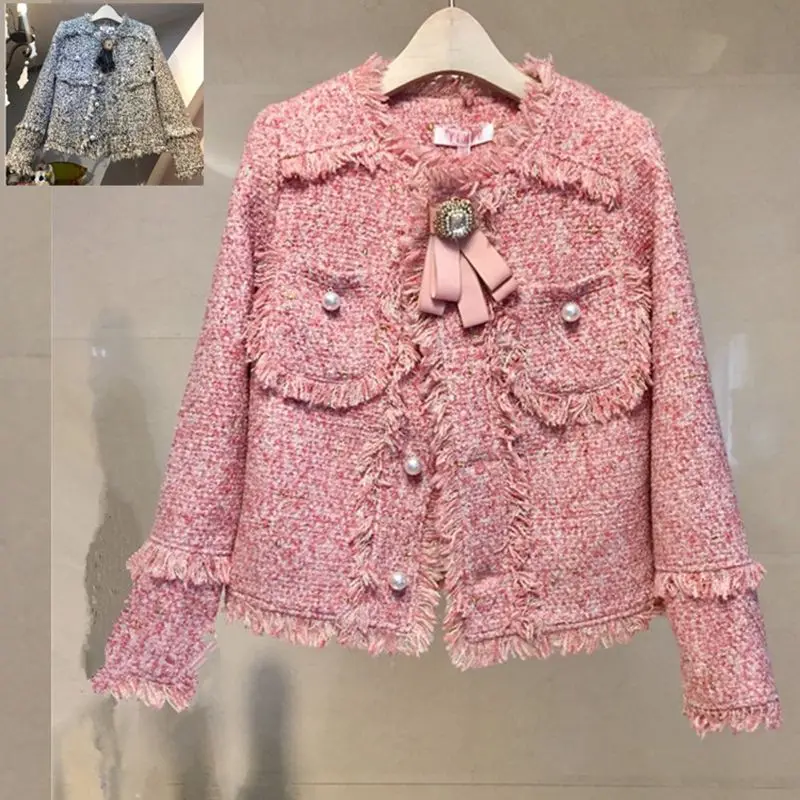 Женское шерстяное пальто стильное модное однобортное твидовое с бахромой