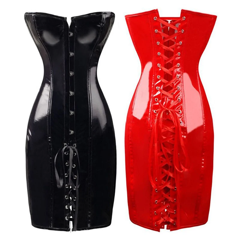 

Fashion Womens PVC Corset Faux Gothic Steampunk Overbust Wet Look Leather Back Lace Up Vintage Bustier Club Party Corsets Dress