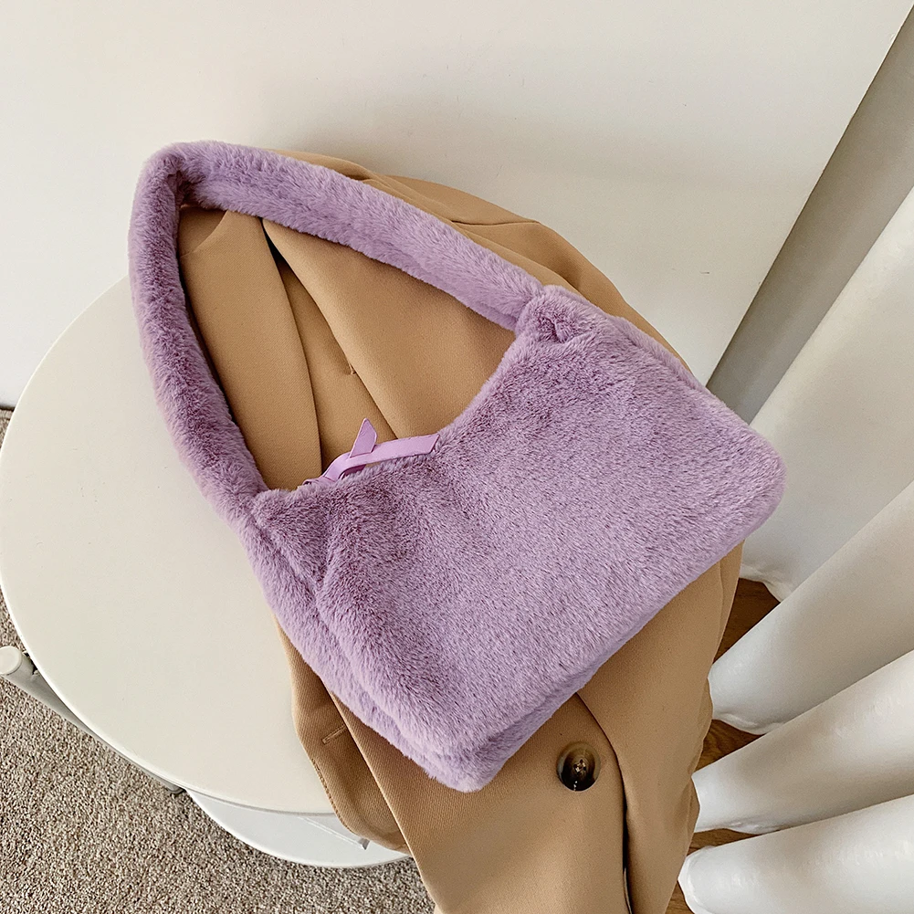 

Сумка на плечо Женская пушистая, модный однотонный плюшевый саквояж для подмышек, Повседневная Уличная дорожная Сумочка с ручками сверху, О...